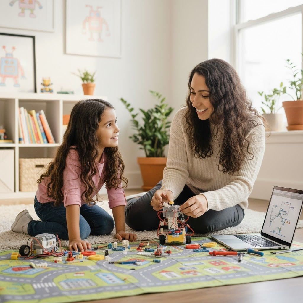 Mãe e filho construindo juntos