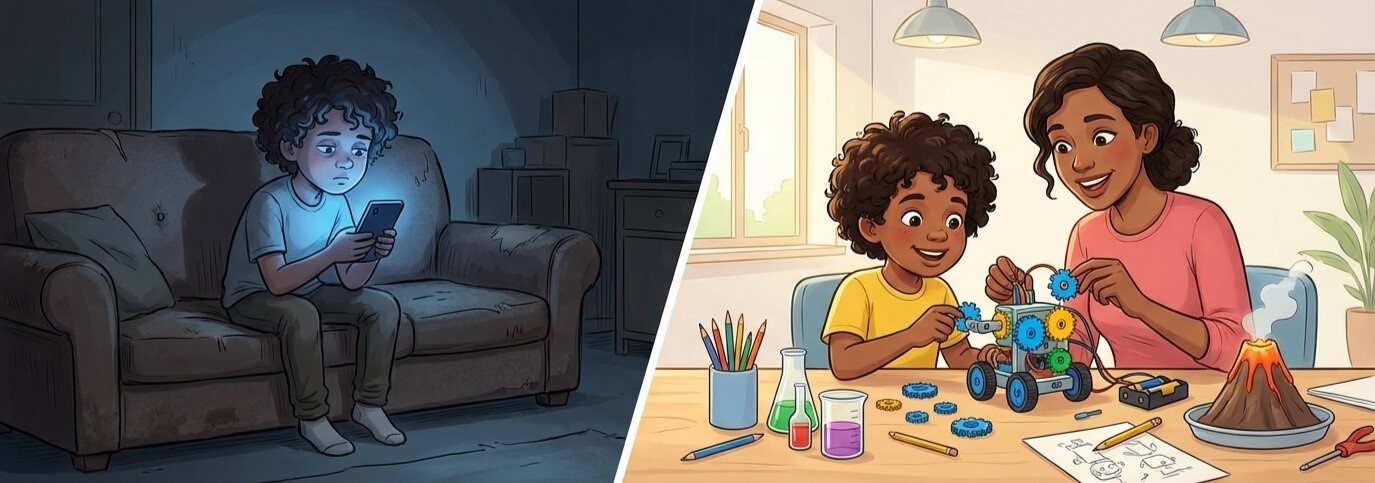 Criança trocando o celular por robótica